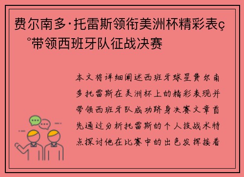 费尔南多·托雷斯领衔美洲杯精彩表现带领西班牙队征战决赛