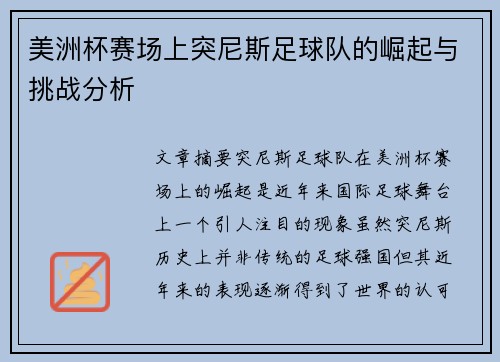 美洲杯赛场上突尼斯足球队的崛起与挑战分析