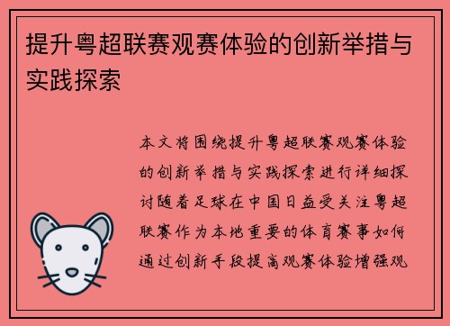 提升粤超联赛观赛体验的创新举措与实践探索