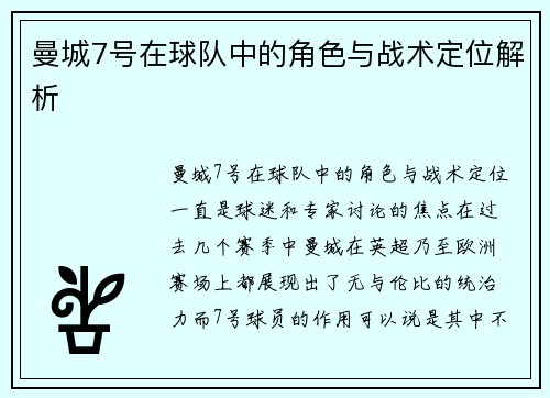 曼城7号在球队中的角色与战术定位解析